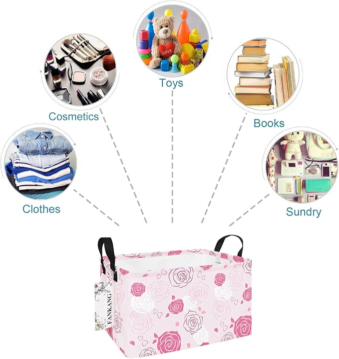 Storage Bins, Nursery Hamper Canvas Laundry Basket Foldable with Waterproof PE Coating Large Storage Baskets for Kids Boys and Girls, Office, Bedroom, Clothes,Toys(Rec-Pink roses ）
