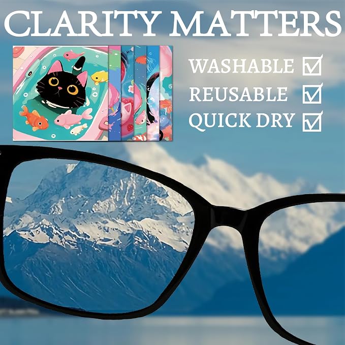 CREATCABIN 6Pcs Eyeglass Cleaning Cloth Microfiber Cleaning Cloths for Glasses Black Cat Glasses Cleaner Wipes Microfiber Reusable Glass Clean for Phone Lens Laptops Screens 6x6Inch