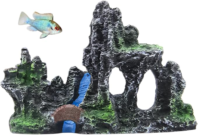 Mountain Aquarium Decoration 4.5" – Natural Rock Resin Fish Tank Ornament with Multiple Hiding Spots, Fish Shelter for Small and Medium Aquariums, Stress-Relief Underwater Decor, Easy to Clean