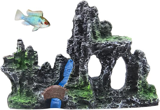 Mountain Aquarium Decoration 4.5" – Natural Rock Resin Fish Tank Ornament with Multiple Hiding Spots, Fish Shelter for Small and Medium Aquariums, Stress-Relief Underwater Decor, Easy to Clean