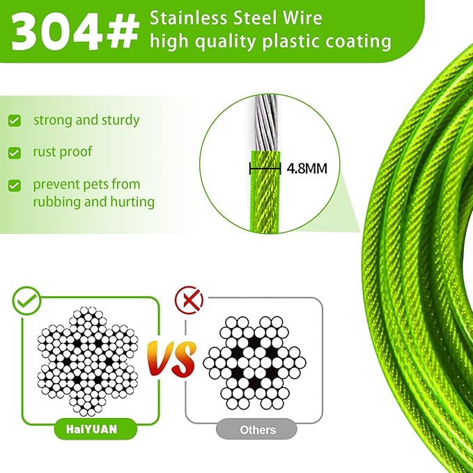 Dog Tie Out Cable 10FT Green Steel Wire Dog Cable with Durable Superior Clips for Large, Medium, Small Dogs Up to 165 lbs