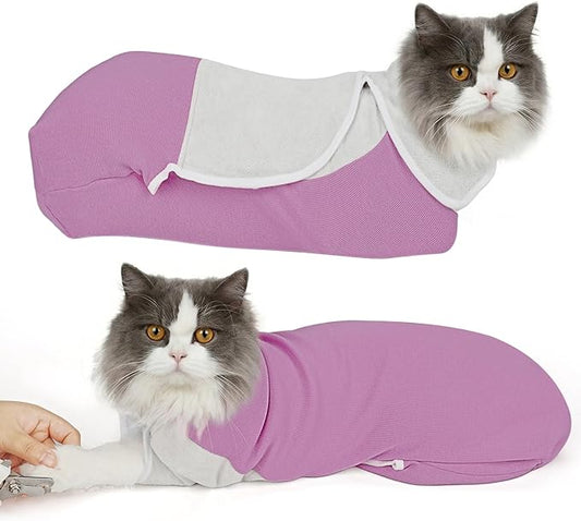 Cat Wrap for Cutting Nails, Self-Adhesive Cat Nail Clipping Restraint Bag, Anti-Scratch Cat Grooming Swaddle for Meds, SubQ Fluids, Ear Cleaning, Teeth Brushing & Vet Visits,Pinkish Purple,L