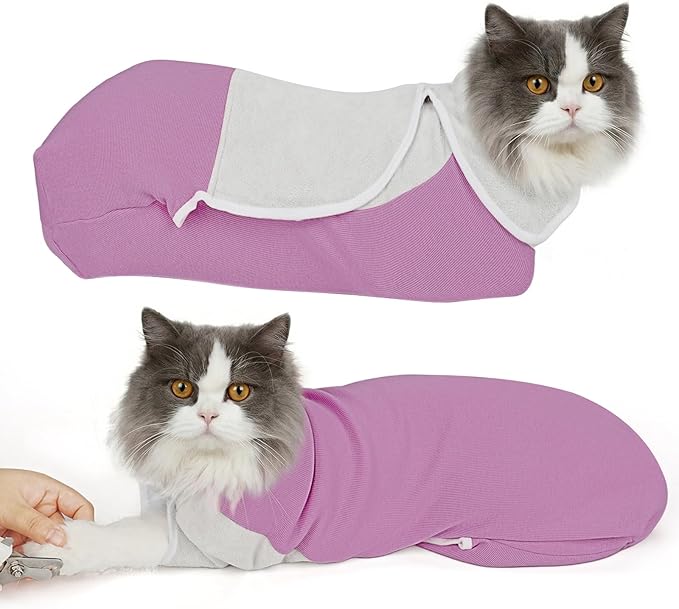Cat Wrap for Cutting Nails, Self-Adhesive Cat Nail Clipping Restraint Bag, Anti-Scratch Cat Grooming Swaddle for Meds, SubQ Fluids, Ear Cleaning, Teeth Brushing & Vet Visits,Pinkish Purple,M