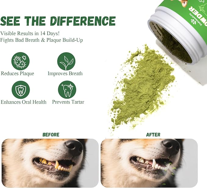 Dog Dental Powder, Dental Powder for Dogs Teeth Cleaning and Breath Fresh, Dog Teeth Cleaning Powder with Natural Plants Ingredients and Postbiotics, 400g