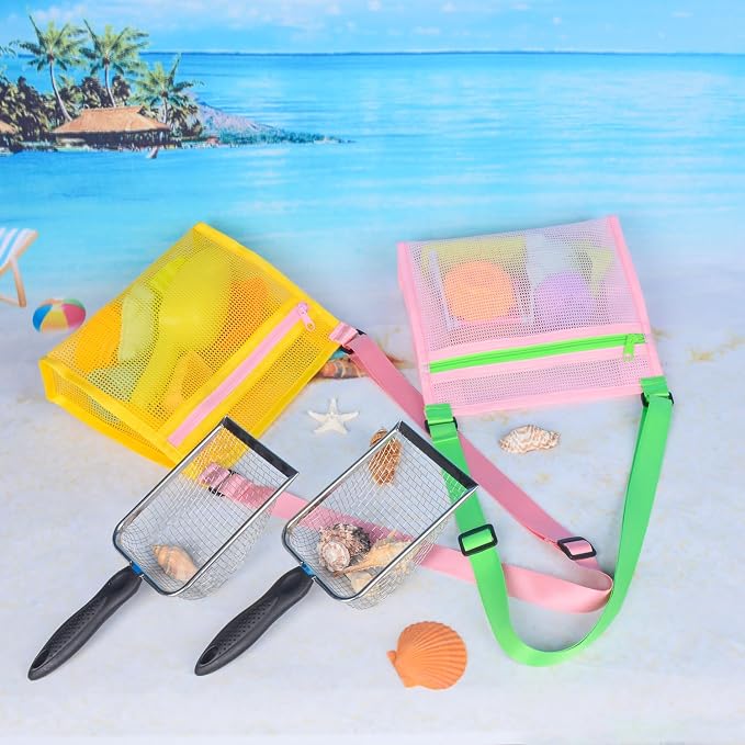 MUYIZI Beach Mesh Shovel with Mesh Beach Bag for Shell Collecting, Kids Sand Sifter for The Beaches,Shell Scooper for Beaches,Shark Tooth Sifter Dipper,Sea Shell Bags for Kids,Sand Toys (Pink+Yellow)