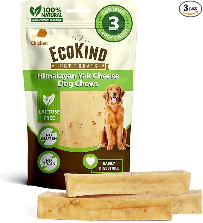 EcoKind Premium Gold Yak Cheese Himalayan Dog Chews, Dog Treats Large Breed, All Natural, High Protein Dog Chew, Chicken, Large - 3 Chews