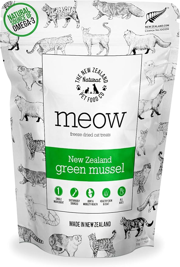 The New Zealand Natural Pet Food Co. Meow Freeze Dried Cat Treats - New Zealand Green Mussel, High Protein, Healthy Cat Snacks and Toppers, All Natural for All Life Stages, 1.76 oz