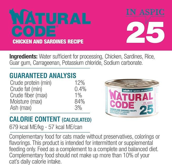 Natural Code - 24 Pack Wet Cat Food, Limited Ingredient Cat Food, High-Protein, Non-GMO, No Artificial Additives, Made in Italy, Chicken & Sardines in Aspic for Adult Cats, 3 oz