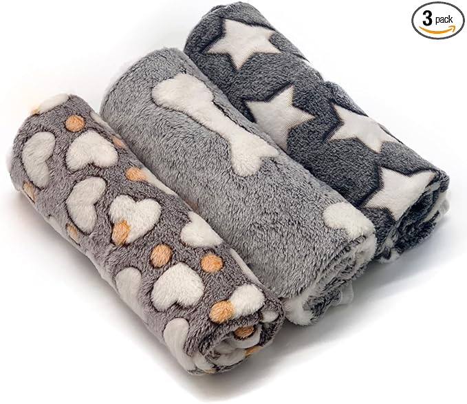 1 Pack 3 Puppy Blankets Super Soft Warm Sleep Mat Grey Cute Print Fluffy Fleece Pet Flannel Throw Dog Blankets for Small Dogs Cats,Star&Bone&Love- Small (23"x15")