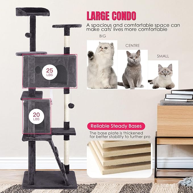 PayLessHere 70in Multi-Level Cat Tower with Scratching Post, Cat Condo Stand House, Indoor Kitty Activity Center with Furry Ball Toys, Ashy