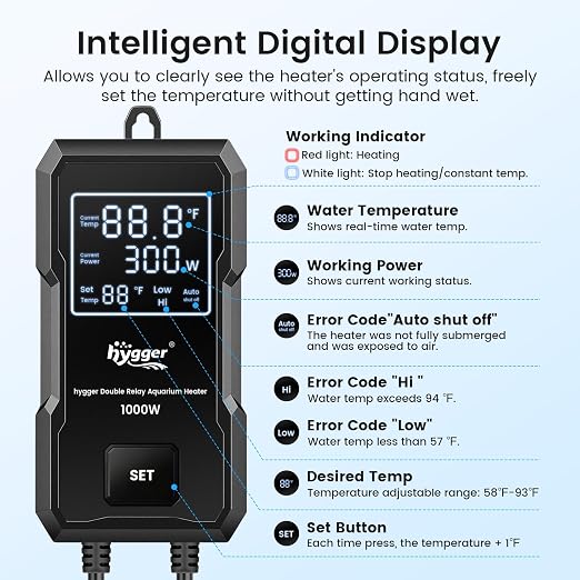 hygger 500W Aquarium Heater, Upgraded Submersible Fish Tank Heater with Dual Protection System & LED Digital Display, with Automatic Power-Off Function, for 66-135 Gal Freshwater and Saltwater Tank
