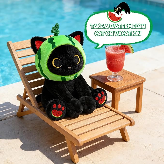 Black Cat Plush - 8inch Cute Stuffed Cat with Removable Watermelon Hood - Soft Kawaii Stuffed Animal for Girls, Kitten Plushie Toy for Boys, Summer Birthday Gift for Kids & Adults
