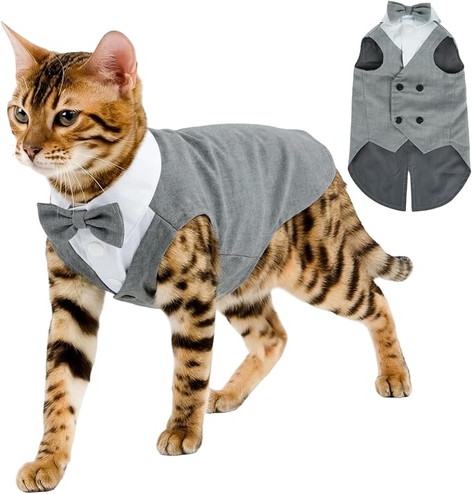 QBLEEV Cat Tuxedo Outfit with Bow Tie, Sphynx Cat Costume Formal Suit Wear | Soft breathable, stylish hairless clothes for cats only, kitten wedding birthday party shirt apparel for male boy