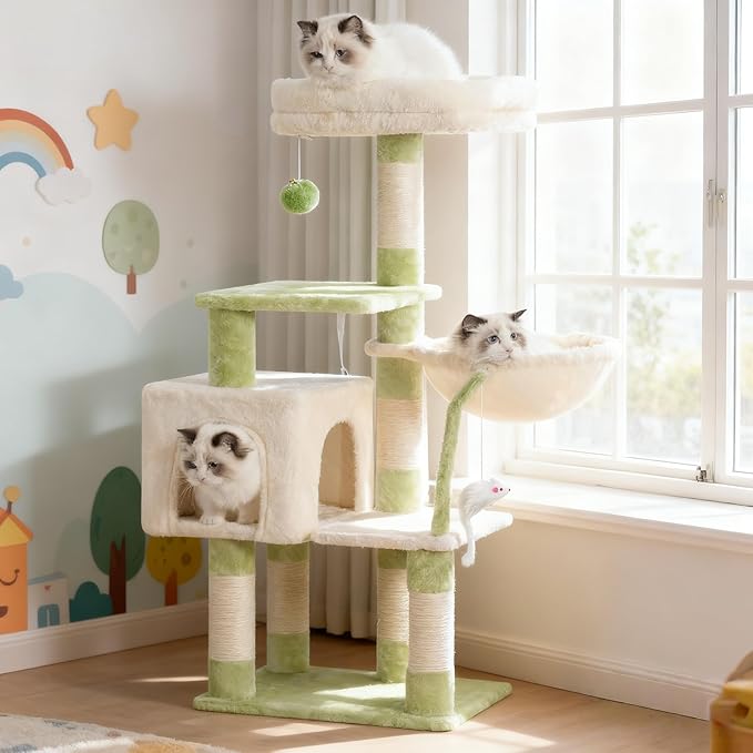 Heybly Cat Tree with Toy, 43.3 inch Cat Tower condo for Indoor Cats, Cat House with Padded Plush Perch, Cozy Hammock and Sisal Scratching Posts, Green and Beige HCT004SGM