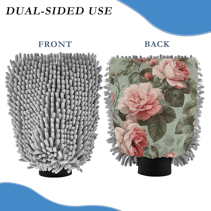 Car Wash Mitt Microfiber Wash Mitts for Car Washing Scratch-Free Cleaning Gloves Soft Non Absorbent Chenille Auto Hand Mitt Large 2Pack Sage Green Elegant Roses with Leaves