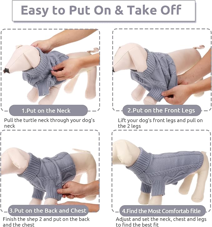 Queenmore Small Dog Pullover Sweater, Cold Weather Cable Knitwear, Classic Turtleneck Thick Warm Clothes for Chihuahua, Bulldog, Dachshund, Pug, Yorkie (Grey, Large)