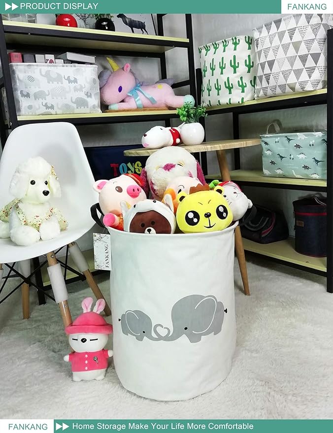 Storage Basket, Nursery Hamper Canvas Laundry Basket Foldable with Waterproof PE Coating Large Storage Baskets for Kids Boys and Girls, Office, Bedroom, Clothes,Toys（Love Elephant）