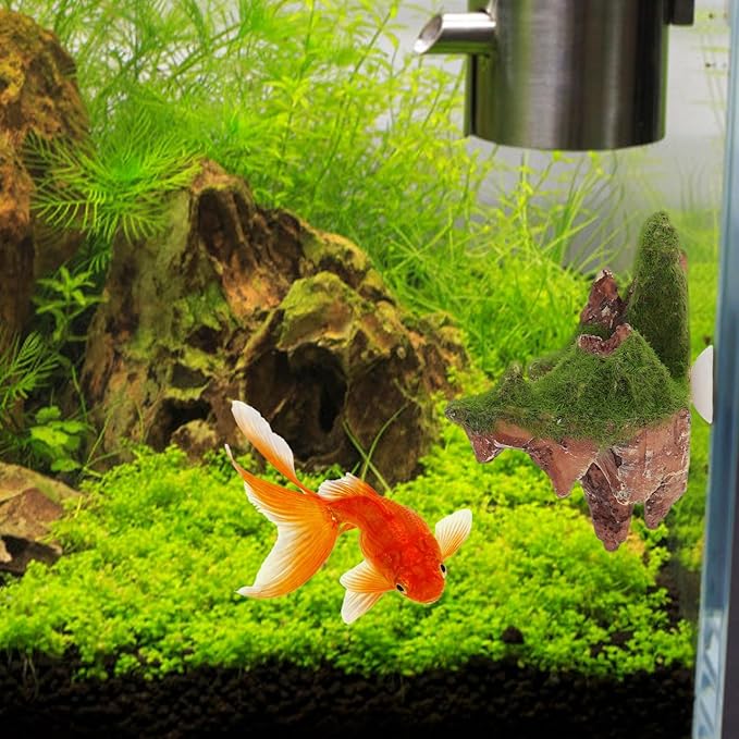 POPETPOP Floating Aquarium Rock Decorations, Set of 2 Suspended Moss Stones for Fish Tank, Avatar Style Floating Island Mountain, Yellow Ethereal Landscape Decor with Suction Cups