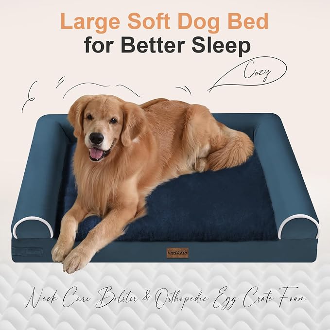 NANUYA Orthopedic Dog Bed for Large Dogs, 38 x 25 Inch, Navy Blue | Egg crate foam for joint support, 3-sided bolster pet sofa, waterproof lining, washable cover, and non-skid base