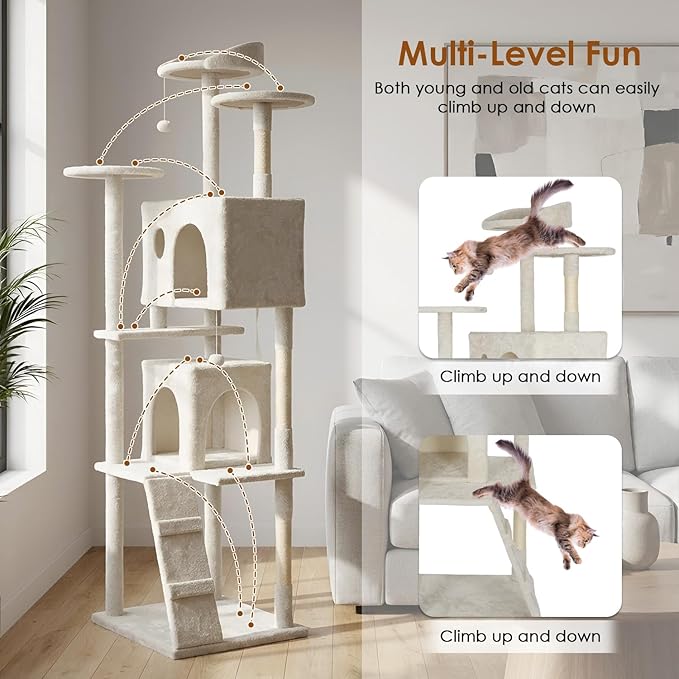 PayLessHere Cat Tree 62in Cat Tower with Cat Scratching Post,Multi-Level Cat Condo Stand House Furniture Kitty Activity Center with Furry Ball Toys Cat Tree for Indoor Cats,Beige