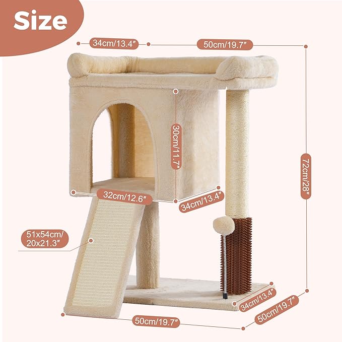 Small Cat Tree Tower for Large Cats with Spacious Top Bed 20x13.8”Private Cat Condo,Sisal Scratching Post and Ramp and Self Groomer and Spring Ball-Beige
