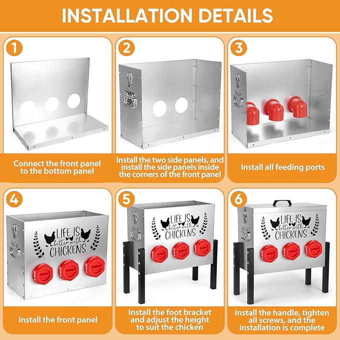 TGEYD 30 lb Chicken Feeder with 6 No-Waste Ports – Heavy-Duty Outdoor Metal Feeder with Adjustable Height, Locking Lid & Riveted Handles – Rustproof Feed Box for Poultry & Backyard Chickens
