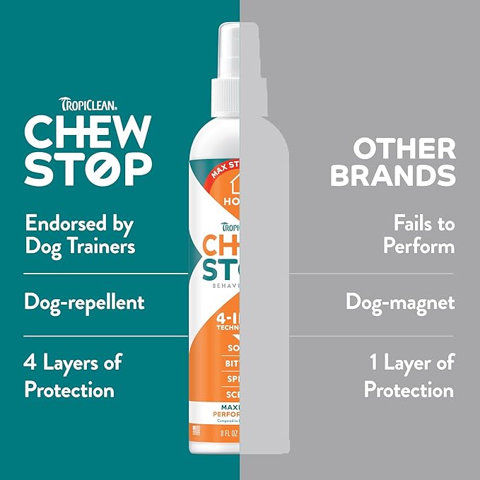 TropiClean No Chew Spray for Home, Better Than Bitter Apple Spray, Safe & Natural Chew Deterrent, Protect Furniture, Wall Corners & More! 8oz