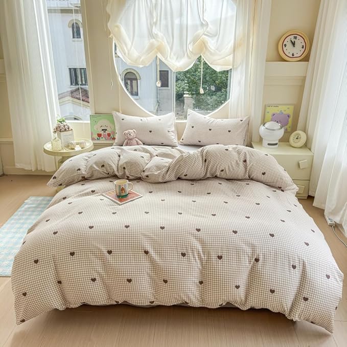 BlueBlue Heart Duvet Cover Set Queen 100% Cotton Soft Lightweight Gauze Bedding Brown Hearts Love on Plaid 1 Abstract Geometric Full Comforter Cover 2 Pillow Shams, Queen