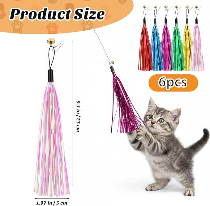 6 Pcs Cat Ribbon Toy, 9 Inches Cat Teaser Wand Toy Replacement with Bell Metallic Foil Tassel Interactive Wand Toys for Indoor Cats Kitten Chase Exercise (Multi Colored)