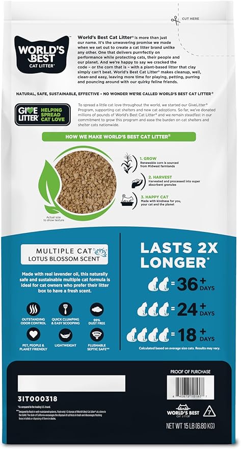 WORLD'S BEST CAT LITTER Multiple Cat Lotus Blossom Scented 15-Pounds - Natural Ingredients, Quick Clumping, Flushable, 99% Dust Free & Made in USA - Floral Fragrance & Long-Lasting Odor Control