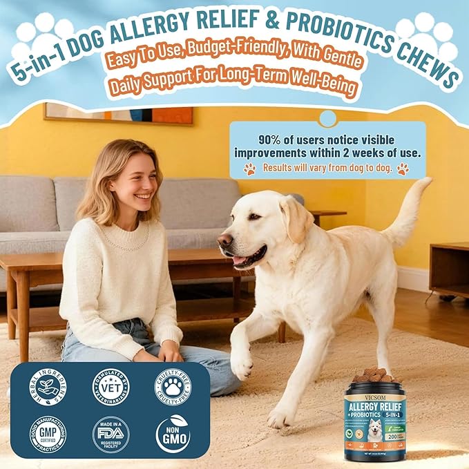 Dog Allergy Chews with Probiotics for Dogs, 200 Dog Allergy Relief Treats for Dogs Immune Support & Itching Skin Relief, Ears, Eyes, Paws Support, Dog Probiotics for Gut Health, Chicken Flavor