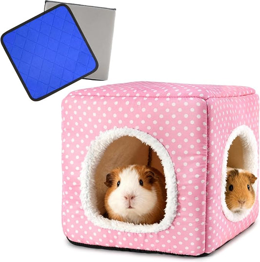 Guinea Pig Hideout with 2 Removable Mat, Two Entrances, Dwarf Rabbit Bed, Washable Bunny House, Small Pet Accessories Pink Dot