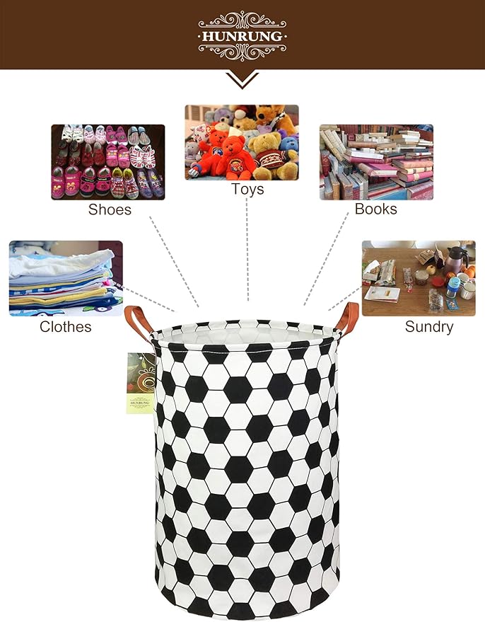 Collapsible Fabric Storage Basket, Waterproof Laundry Hamper with Handles, Round Storage Bin for Clothes Toys, Foldable Organizer for Bedroom Nursery Bathroom(Roud-Football)
