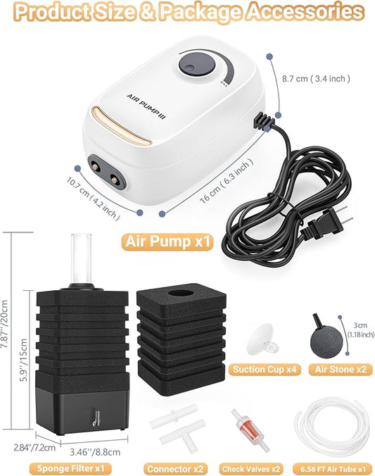 MoonOrange 3W/6W Aquarium Air Pump, Adjustable Aquarium Aerator with 2-Outlet, Super-Powerful & Quiet Oxygen Pump for Fish Tanks up to 100/200 Gallon with Full Accessories.(Upgrade Noise-Reduce)