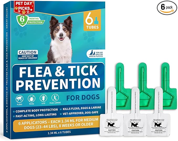Flea and Tick Prevention for Medium Dogs, 6-Month Supply Dog Flea and Tick Treatment Drops, Topical Fast-Acting Dog Treatment for Medium Dogs Up to 23 to 44 lbs