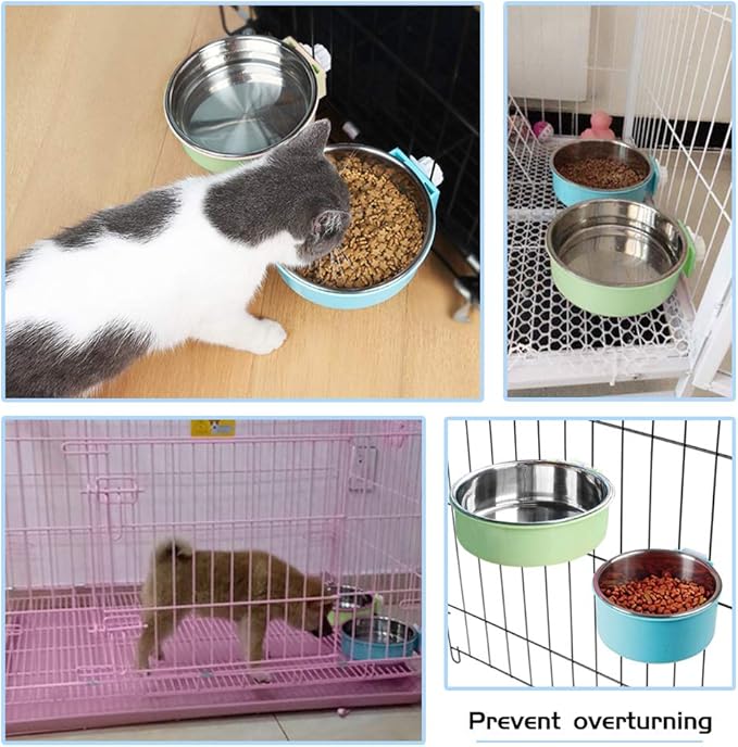 Pet Hanging Bowl 2-in-1 Removable Stainless Steel Food Hanging Bowl for Puppy/Cat, Andiker Pet Bowl Hanging Cage Large Water Food Feeder for Dogs Cats (Large, Blue)