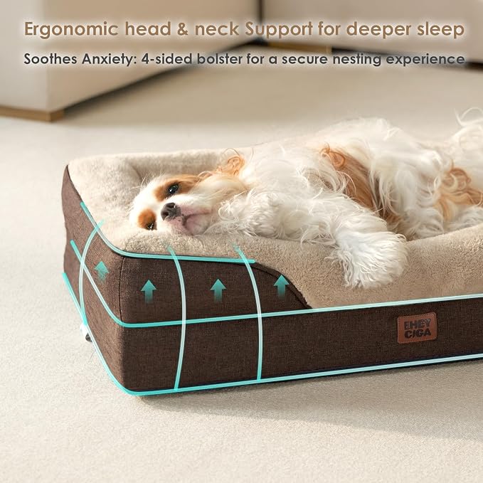 EHEYCIGA Orthopedic XL Dog Bed for Large Sized Dog, 48x35 Inch Extra Large Memory Foam Dog Couch Bed with Sides, Waterproof Liner & Washable Removable Cover, Bolster Pet Sofa, Brown