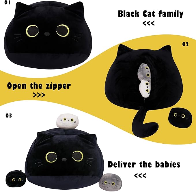 WeBingo Black Cat Plush Toy 4-Piece Set, 16'' Giant Cat Stuffed Animal Plushies Pillow with 3 Babies for Girl Boy Kid Adult, Large Big Soft Gift for Birthday Christmas Valentine's Day Home Decor