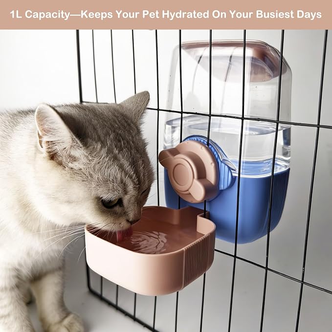 Rabbit Water Bottle, 34oz Pet Hanging Water Dispenser, Cat Water Feeder for Small Animal Ferret Guinea Pig Chinchilla Small Dog Cage Grid Spacing 1.2''-2.1'' (Blue&Pink)