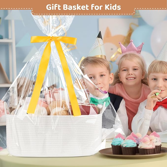 OIASKET Large Empty Gift Baskets for Baby Shower, 18.9" L x 13.8" W x 7.8" H Cute Woven Storage Basket with Gift Bags and Ribbons, Small Rope Toy Basket with Handles, Cat Dog Pet Toy Organizer - White