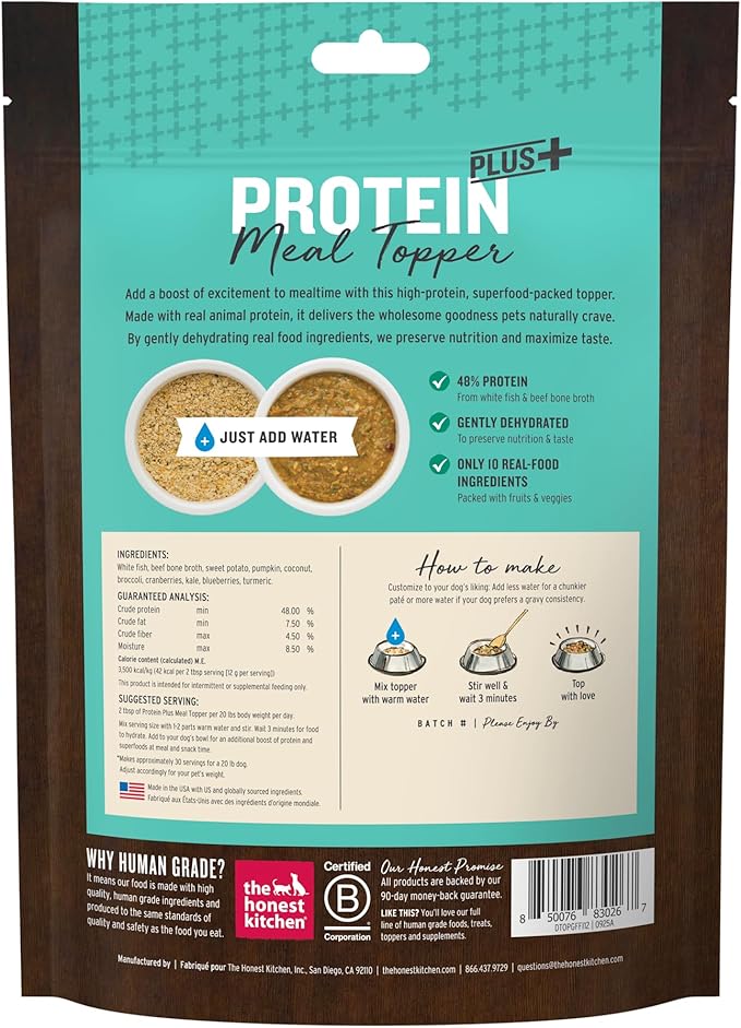 The Honest Kitchen Human Grade Protein Plus+ Dehydrated Meal Topper: Grain Free Fish Superfoods, 12oz Pouch
