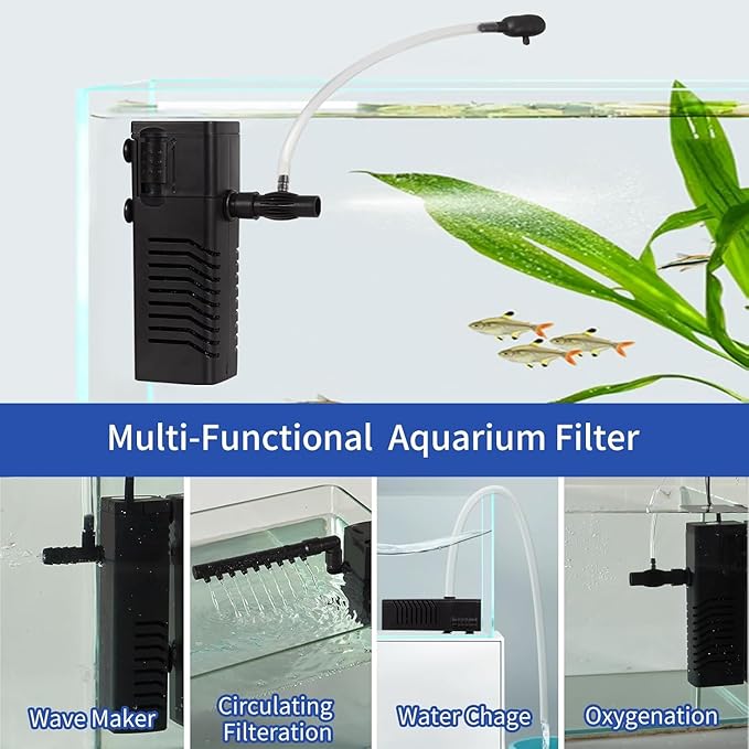 Aquarium Filter Fish Tank Filter Powerful Submersible Turtle Water Filters Ultra Quiet Biochemical Sponge Filter for 5 to 15 Gallon Tank Filtration/Oxygenation/Water Cycle 5in1(4W)