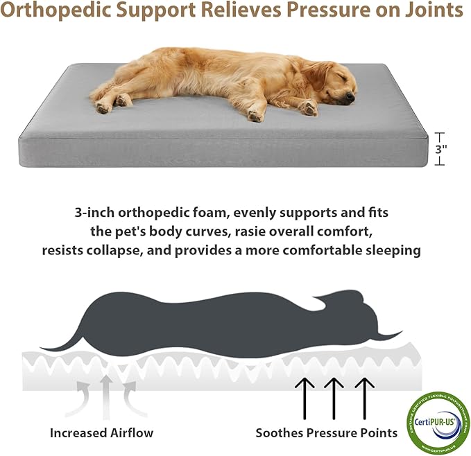 RRPETHOME 3" Chew Proof Indestructible Dog Bed for Large Aggressive Chewers,Durable Tough Fabir Chew Resistant Crate Dog beds for Large Dog & Puppy,Orthopedic Egg Foam Kennel Mat Pad Grey 55x42x4