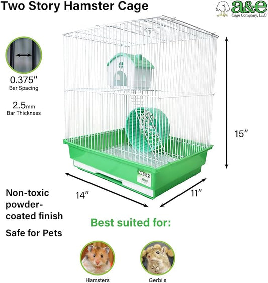 A&E Cage Co HAM007-SP Two Story Hamster Cage – 14" x 11" x 15" Small Animal Habitat with Exercise Wheel & Play House – Hamster, Gerbil & Small Pet Cage with Slide-Out Tray (Green & White)
