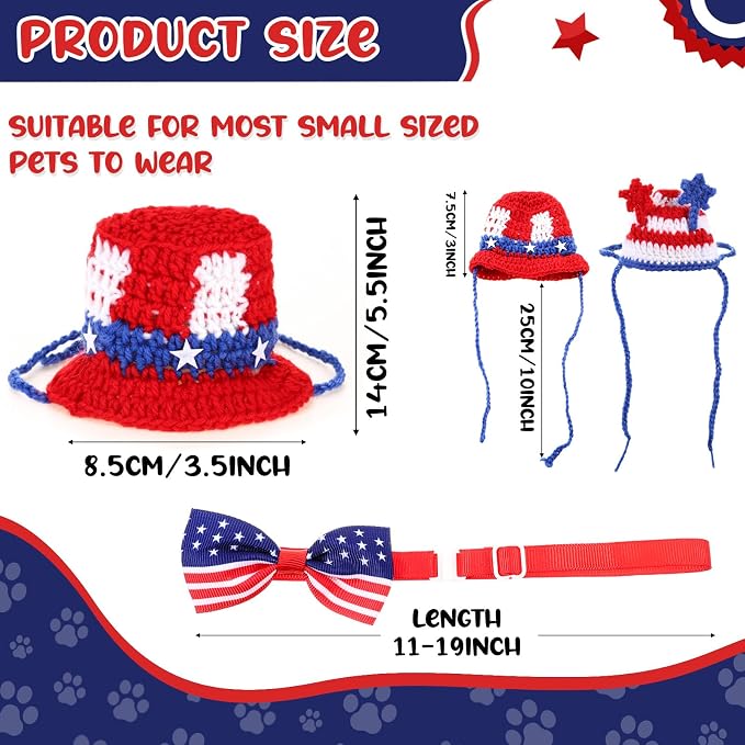 Ganeen 4 Pcs Independence Day Cat Costume 250 Anniversary 4th of July Pet Hat Headband American Flag Bow Tie Dog Cap USA 1776-2026 American Day Small Animal Top Hats Bowtie Collar Costume for Animal