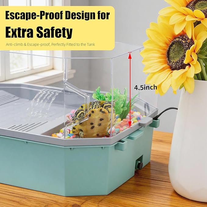 Large Turtle Tank Aquarium Kit with Basking Platform 3-Stage Filter Heating Lamp Anti-Escape Lid Complete Habitat for Aquatic Box Turtles (Green, 25.4×12.2×9.5 Inch)