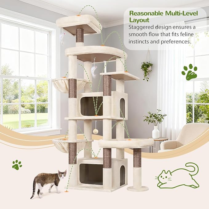 Globlazer 75in Sturdy Cat Tree for Large Cats, Heavy Duty Multi-Level Cat Tower for Indoor Cats with Extended Platform, 2 Spacious Condos, 2 Padded Perches, 6 Sisal Scratching Posts, S75, Beige