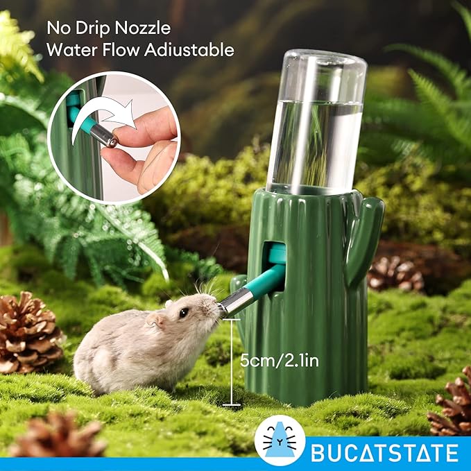 BUCATSTATE Cactus Ceramic Leakproof Hamster Water Bottle Gerbils Water Bottles with Holder Water Feeder for Small Animals (Green)