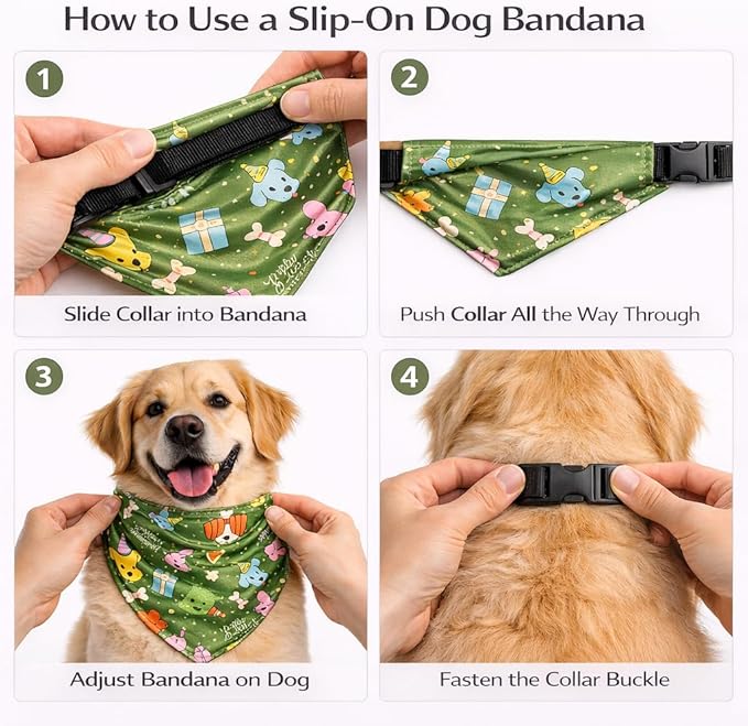 Luxury Satin Dog Bandana – Slip-On Collar Style, Premium Pet Scarf for Medium, Large & XL Dogs – Special Occasion Accessory (Collar Not Included) (Medium - Extra Large, Bday (Green))