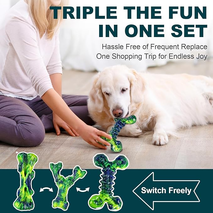 Kseroo Indestructible Dog Toys for Aggressive Chewers: 3-Pack Peanut Butter Flavored Hard Nylon Dog Chew Toys for Medium & Large Dogs(25-90lbs), Super Chewer Dog Bones Toys to Keep Them Busy, Green
